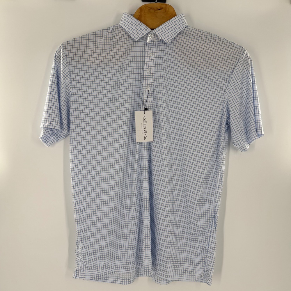 Collars & Co Men 2XL Dress Collar Polo Shirt Blue White Check Short Sleeve NWT